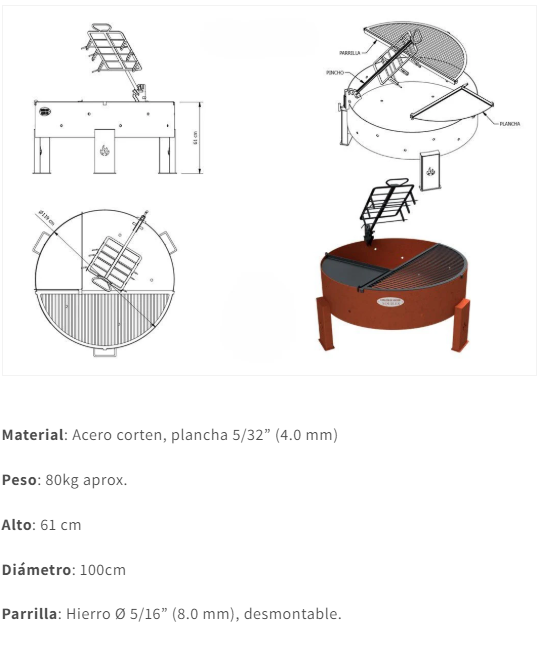 FOGON AQUILES 100 CM - ACERO CORTEN CON PARRILLA Y CRUZ - Imagen 7